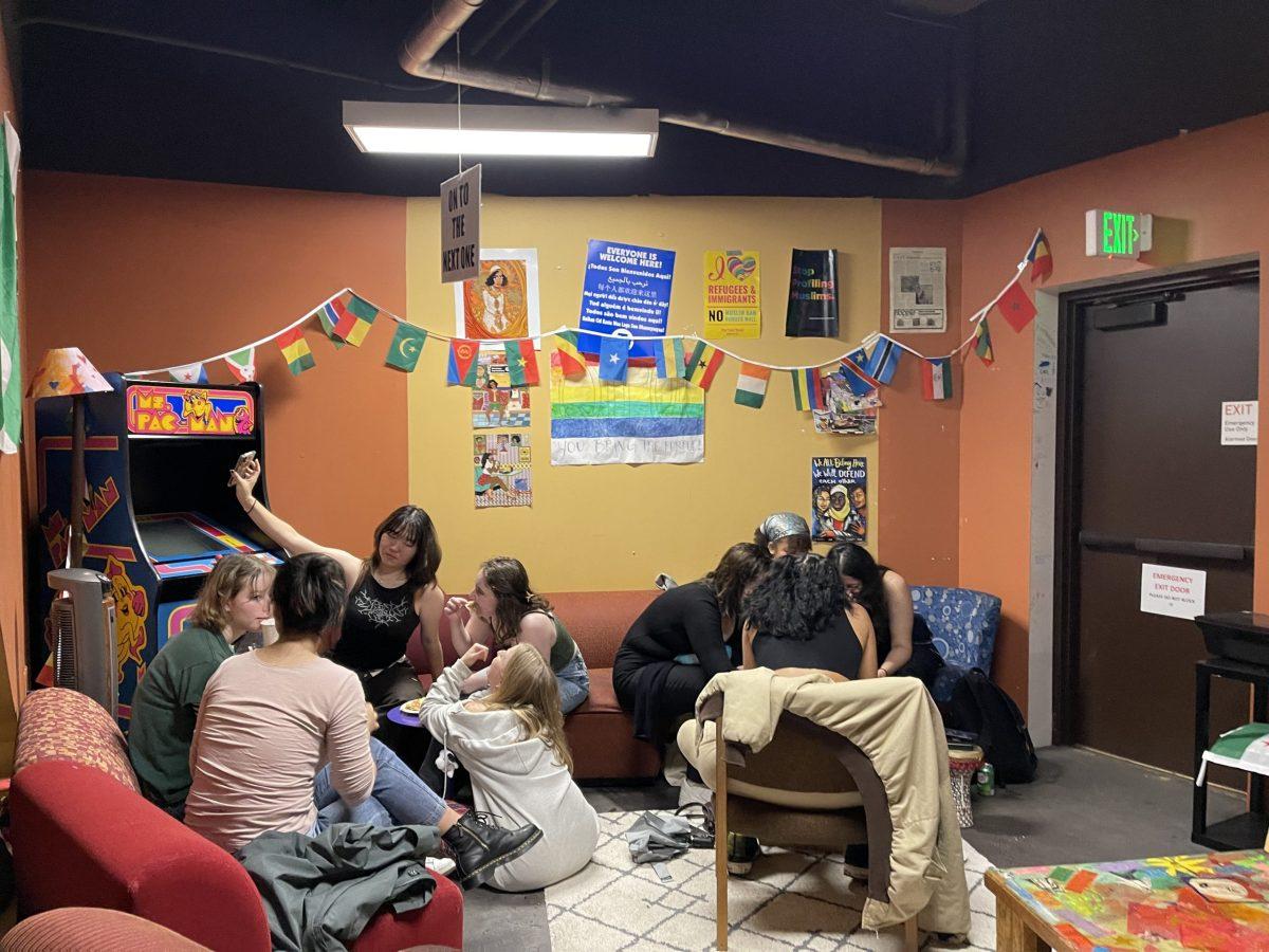 Wellesley students chat in the basement of Severance hall